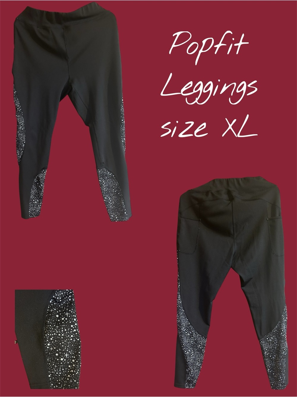 POP Fit Black Leggings with White star Panels XL